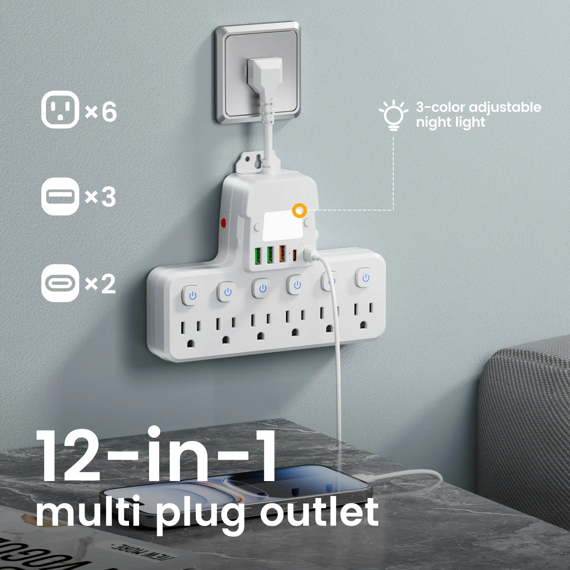 Multifunctional Power Socket with Multi-port Extension: 6 AC Sockets, 5 USB Ports (2 USB-C Included), 6 Independent Switches, Ideal for Schools, Studios, Workshops, Etc.