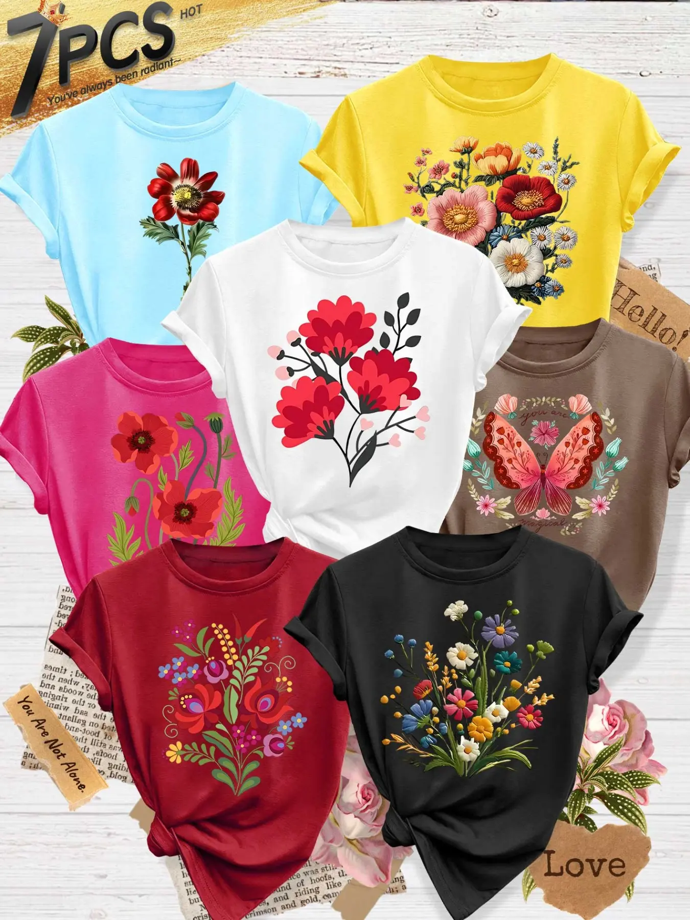Women's 7-Pack Casual Fashion Short-Sleeve Crew Neck T-Shirt, Watercolor Floral Butterfly Poppy Print, Multiple Colors Available, Machine Washable, Daily Versatile Spring & Summer Top, Soft Skin-Friendly Fabric, Womenswear