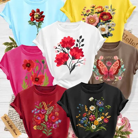 Women's 7-Pack Casual Fashion Short-Sleeve Crew Neck Round Neck T-Shirt, Casual Tee Tops, Watercolor Floral Butterfly Poppy Print, Multiple Colors Available, Machine Washable, Daily Versatile Spring & Summer Top, Soft Skin-Friendly Fabric, Womenswear