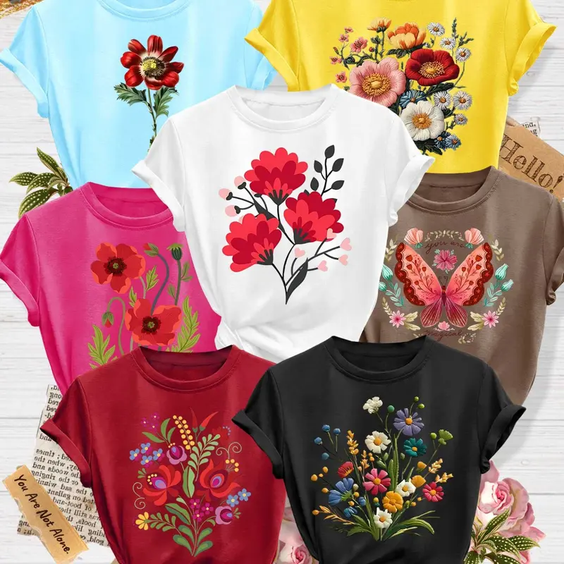 Women's 7-Pack Casual Fashion Short-Sleeve Crew Neck Round Neck T-Shirt, Casual Tee Tops, Watercolor Floral Butterfly Poppy Print, Multiple Colors Available, Machine Washable, Daily Versatile Spring & Summer Top, Soft Skin-Friendly Fabric, Womenswear