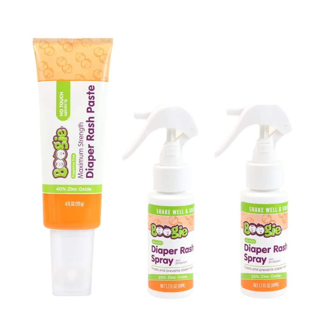 Boogie Diaper Rash Baby Bundle for Newborns, Infants & Toddlers – 25% Zinc Oxide No-Rub, Touch- Free Rash Spray, 40% Zinc Oxide Maximum Strength Paste