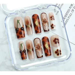 10 pieces of 100% handmade patch-type artificial nails, no glue required |   Multiple sizes available, with complimentary nail file |   Reusable, rich in color, beautiful and fashionable, securely attached |   Cherry color, French floral style
