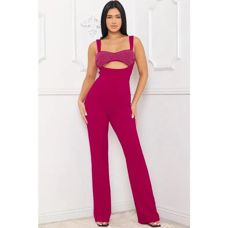 Women's Elegant Selena Chic Rhinestone Bust Detail Cutout Fuchsia Jumpsuit - Light Polyester-Spandex Fabric, Regular Sizes, Moderate Stretch, Comfortable Fit, Flared Pants Bottom, Evening Wear