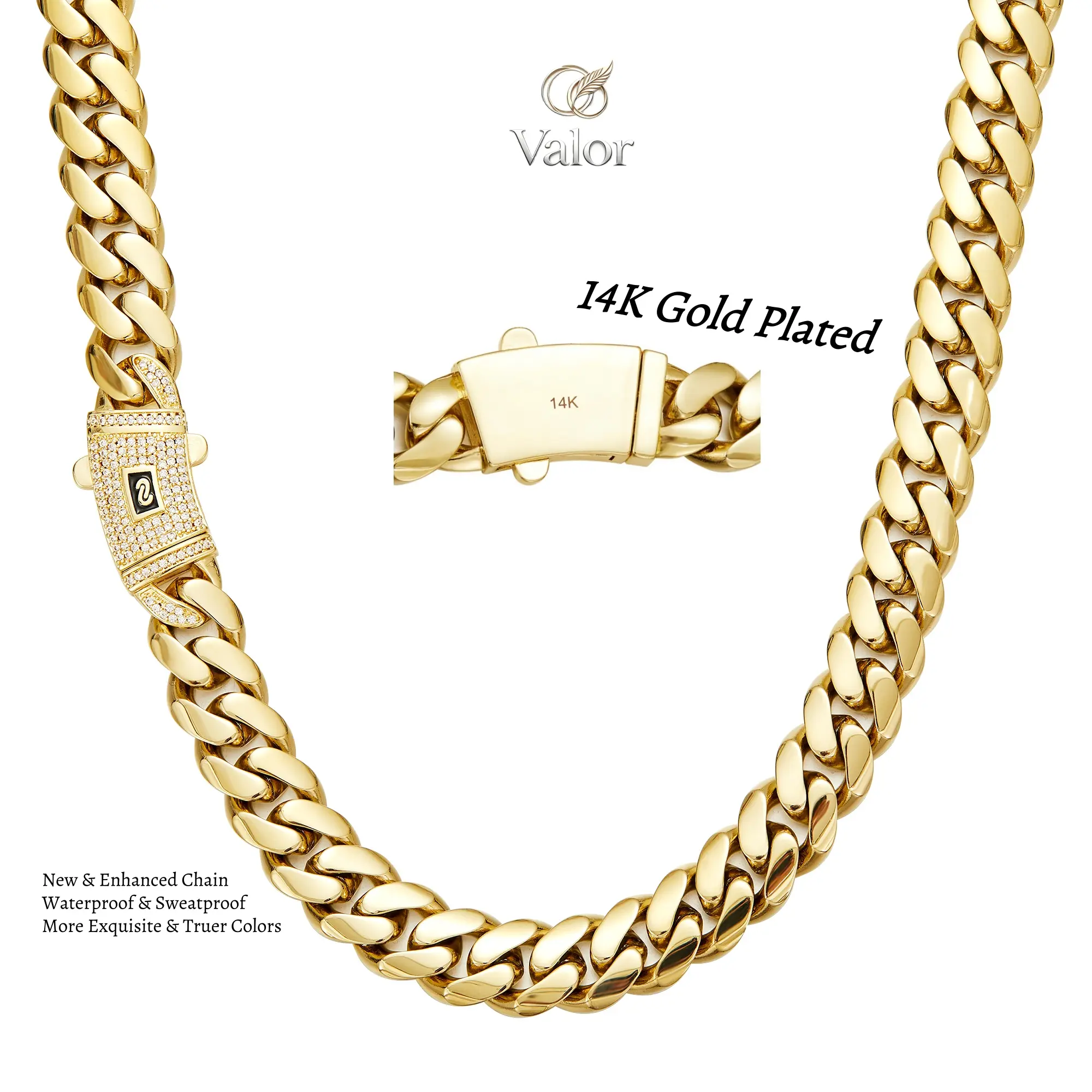 14K Real Gold-Plated Miami-Style Stainless Steel Cuban Link Chain The Latest Electroplating Process for Rust Prevention 6mm–14mm Sizes Waterproof Hypoallergenic Hip-Hop Costume Jewelry