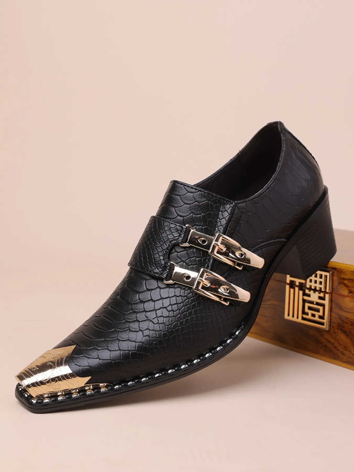 Elevate Your Style with Snake Pattern Office Formal Shoes, Business Style Footwear, Closed, Metallic Dual Buckles & Metal Toe, PU Leather Upper, Rubber Sole, Elegant Design for All Seasons
