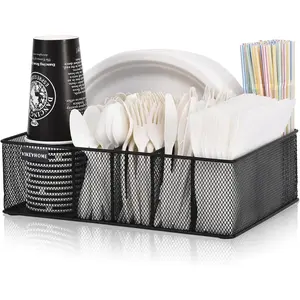 Paper Plate Organizer for Countertop, Metal Silverware Caddy with 6 Compartments for Cup, Napkin, Utensil Holder Caddy for Party, Camping, Picnic