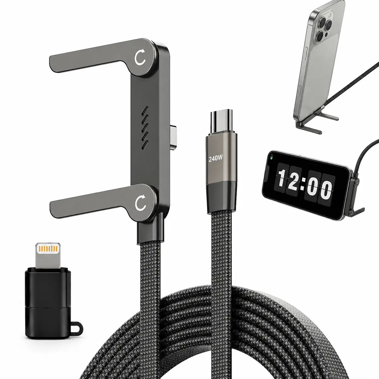 240W High Efficiency Fast Charging Cord Kit - 2-in-1 Invisible Holder with Stand, Smartphone/Cellphone/Mobile Charger Adapter for Gaming, Office, Compatible with iPhone, Samsung, Type-C (Black)
