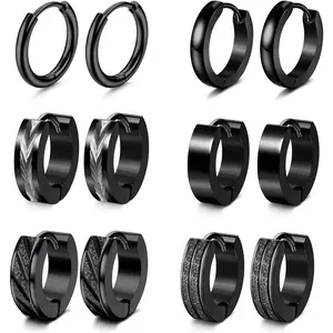 FLORIDECO 6 Pairs Mens Earrings Hoops Huggies Earrings Set Stainless Steel Earrings Classic Small Hoop Earrings Helix Earrings Piercing Jewellery Sleeper Earrings Black Hoop Earrings for Men Women Daily
