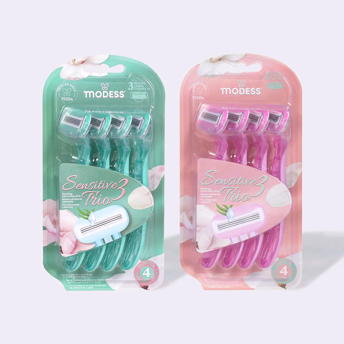 Modess Sensitive 3 Trio Women's Disposable Razors - 8 Pack (2x4), 4-Blade with Aloe & Moisturizers, Sensitive Skin Body Hair Removal Tool, Razors for Women; $1.87 Per Unit, 10% Off Any 3 Items, Gentle On Skin, Daily Care, Body Care, Smooth, 3-Blade