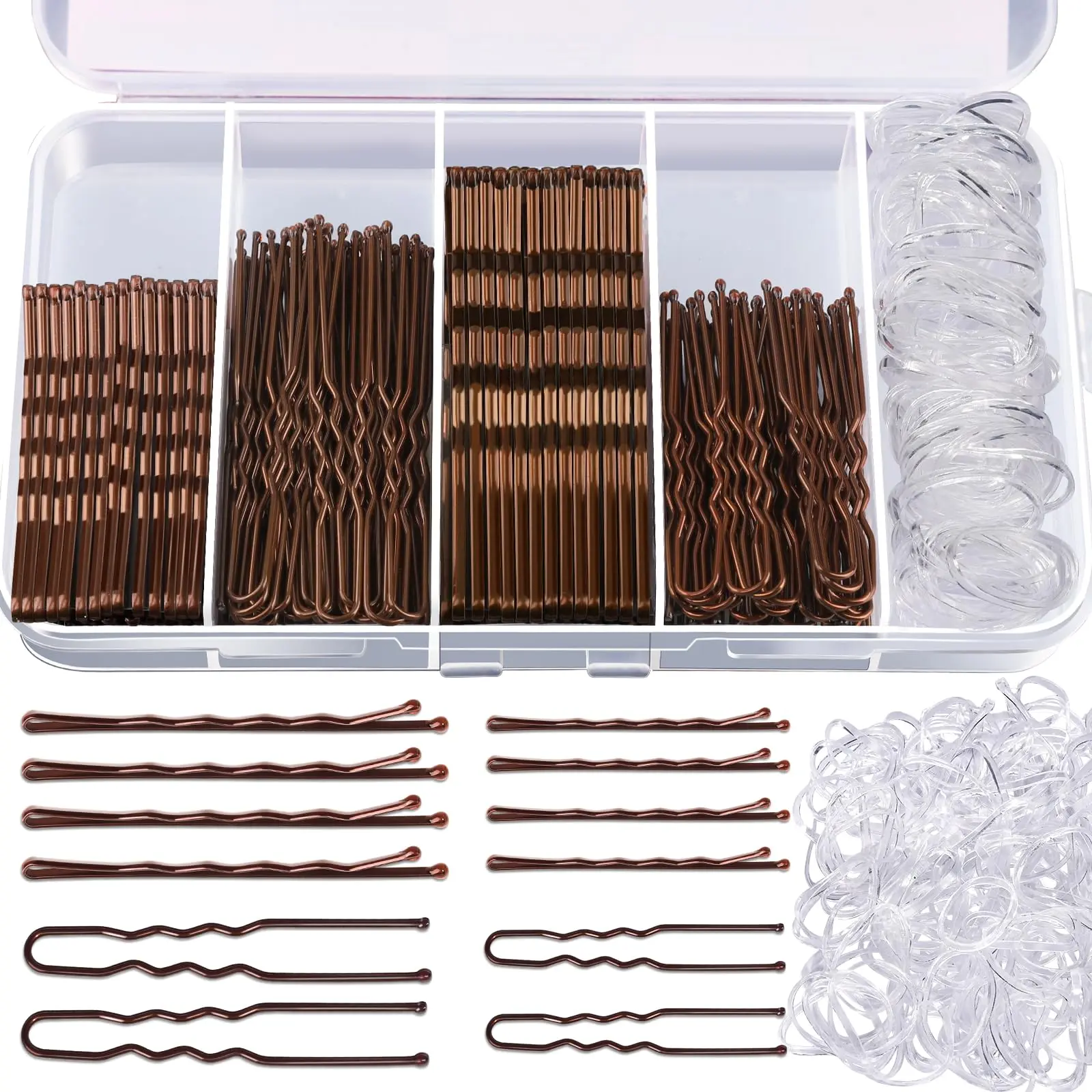 300Pcs Hair Pins Set: 50pcs 2" Bobby Pins + 50pcs 2.75" Bobby Pins + 50pcs 2.36" U-Shaped Pins + 50pcs 2" U-Shaped Pins + 100pcs Clear Elastic Hair Bands Cute Hair Accessories Hair Decor, Girls, Women