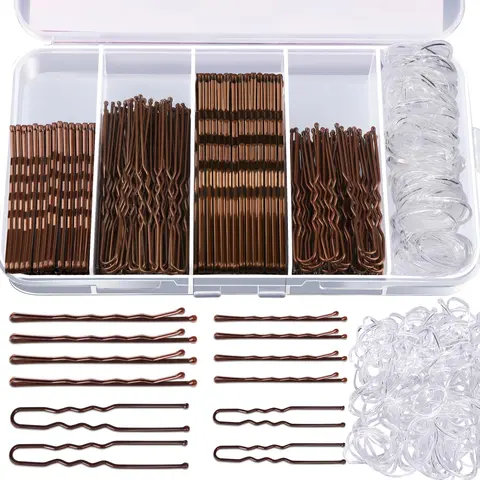 Women's 5-in-1 Hair Tools Set, 300 Pieces Cute Hair Accessories Kit - 2" & 2.75" Bobby Pins, 2" & 2.36" U-Shaped Pins (50 Pcs Each), 100 Pcs Transparent Elastic Bands for Bridal Weddings