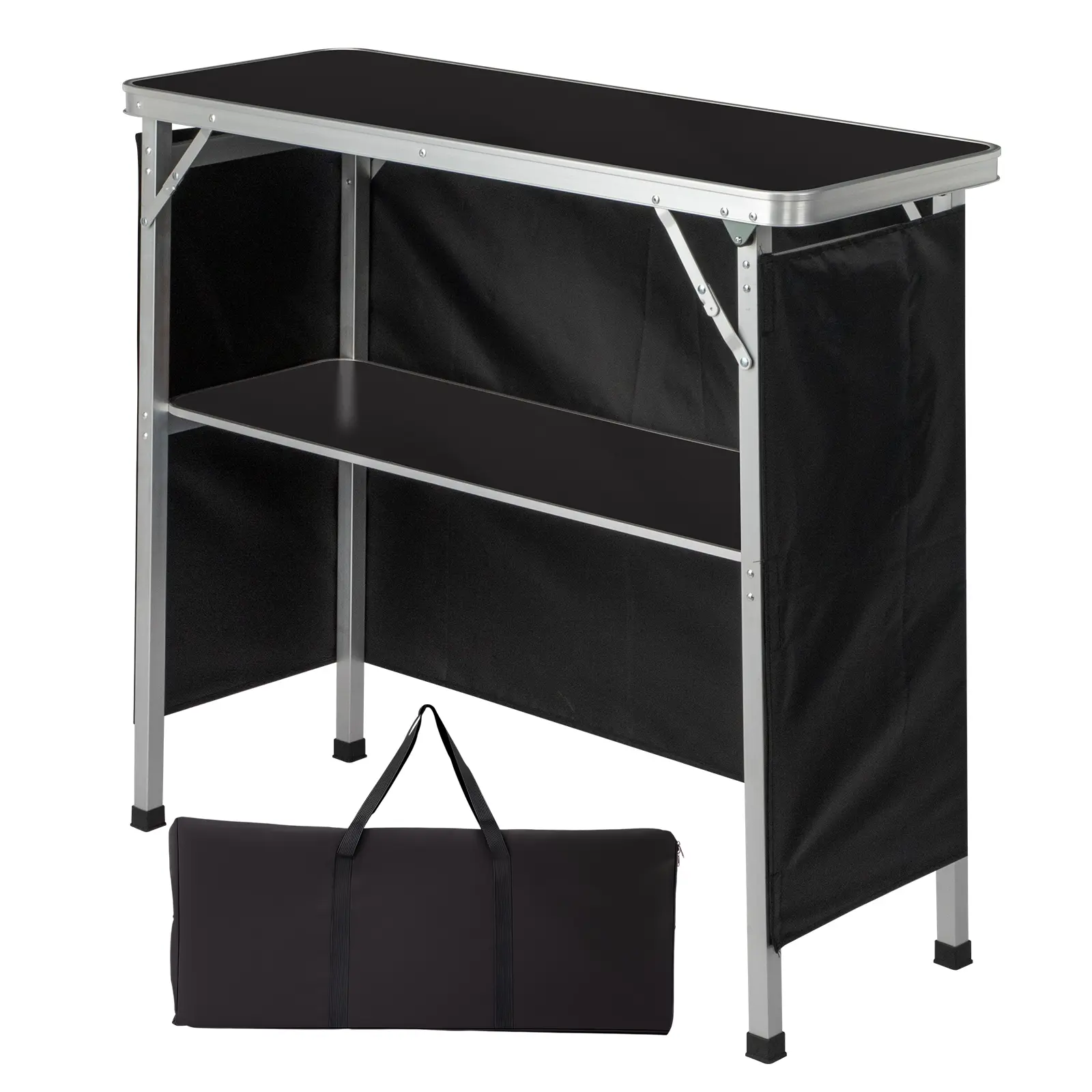Foldable Aluminum Lightweight Portable Bar Table with MDF Board, Shelf - Black Tradeshow Podium Table, Skirt, Carrying Bag, Outdoor Patio Furniture (44 lbs Shelf Capacity, 111 lbs Tabletop Capacity, 100x38x88 cm) for Parties
