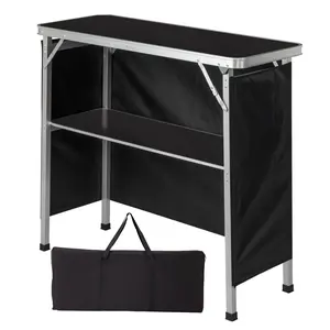 Portable Folding Bar Table with Shelf, Tradeshow Podium Table with Black Skirt and Carrying Bag, for Indoor Outdoor Party Picnic Exhibition, Black