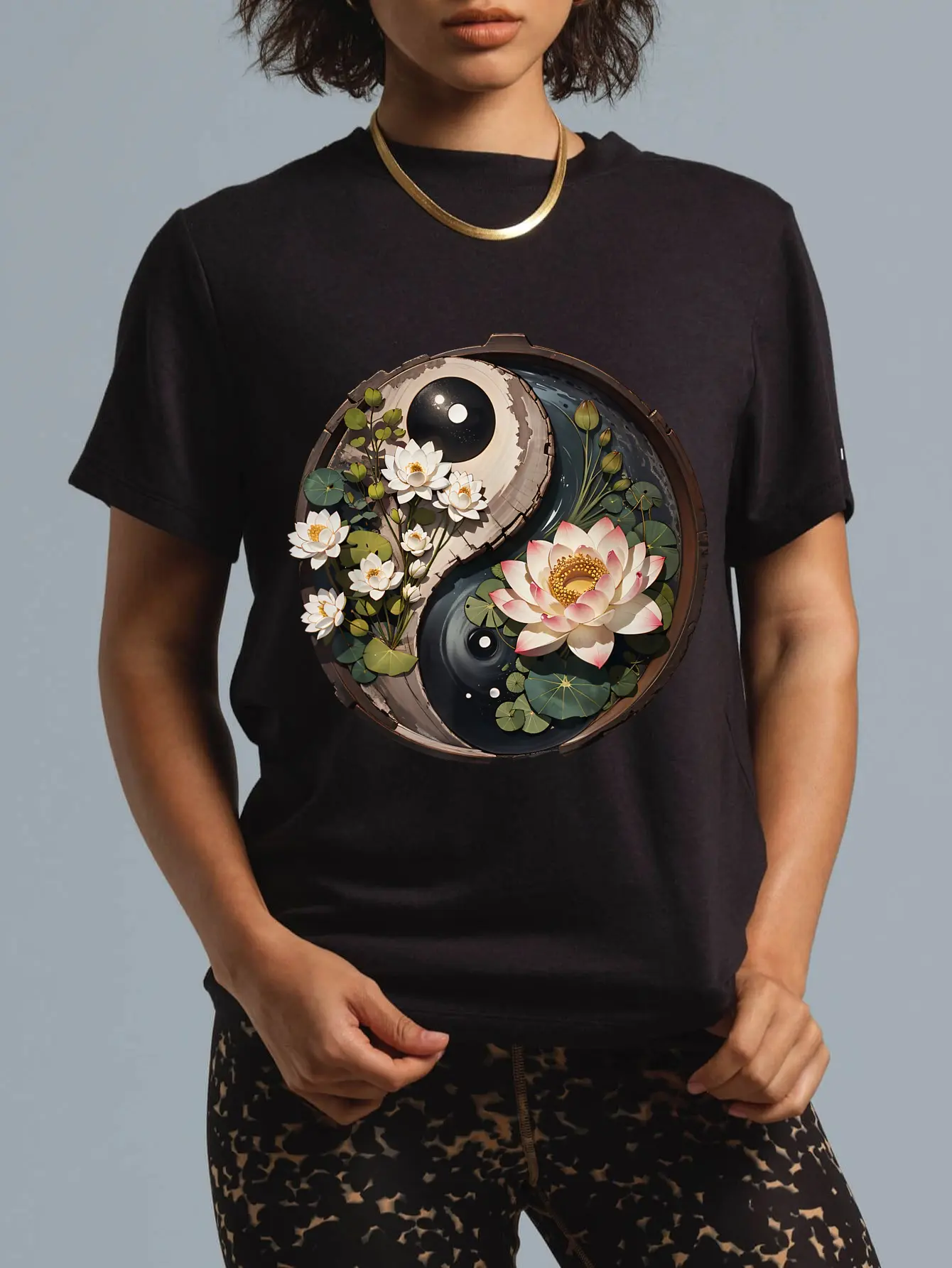 Women's Lotus Flower Yin Yang Graphic T-Shirt, Casual Short Sleeve Everyday Tee in 100% Cotton, Tops, Shortsleeve, Floral, Vintage, Distressed Look, Lotus Yin Yang, Playful