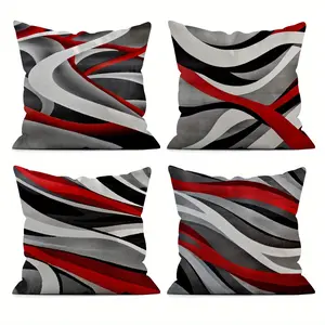 4pcs-Red, White and Gray Geometric Stripes Sofa Pillow Cover Decor for Sofa, Bed, Living Room, Seasonal Festive Home Décor, Single-Sided Print, No Insert Included