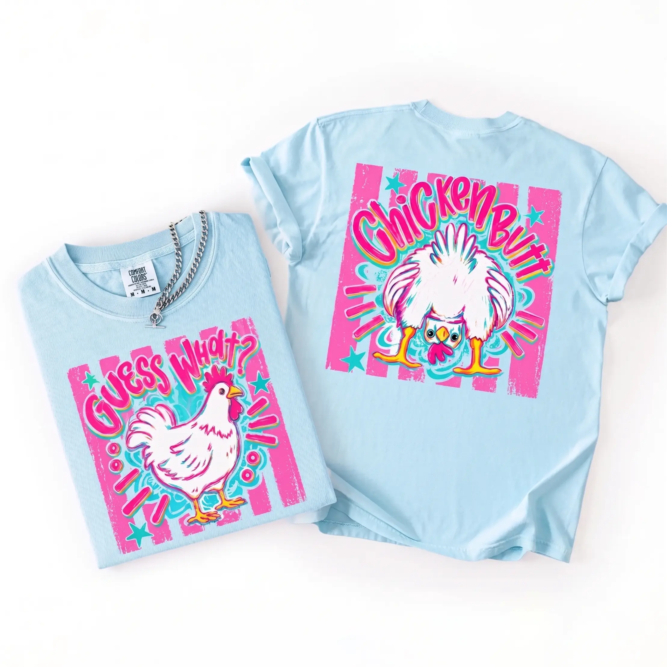 BojjiCo Guess What Chicken Butt Graphic T-Shirt For Women Funny Retro Preppy Aesthetic Light Blue Cotton Oversized Tee Two Sided Front And Back Print Country Western Humor Novelty Summer Casual Trendy Joke Shirt Y2K Top