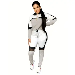 Two-piece set with color-blocking mesh stitching, long-sleeved hoodie and drawstring pants, women's clothing