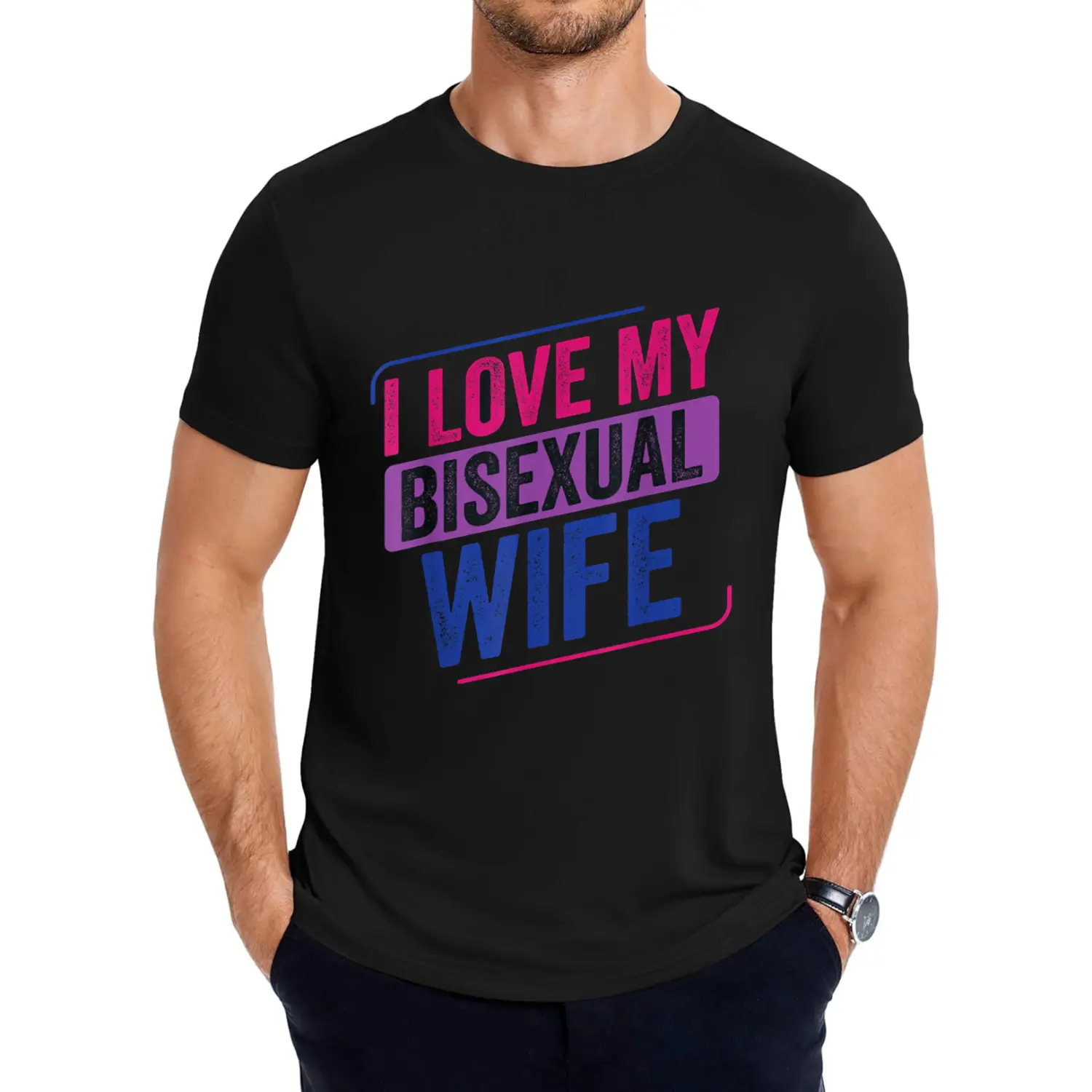 100% Cotton Cotton Short Sleeves I Love My Bisexual Wife Bi Pride Bisexual Flag T-Shirt Classic Cotton Tee Golf Gift T-Shirt For Men And Women