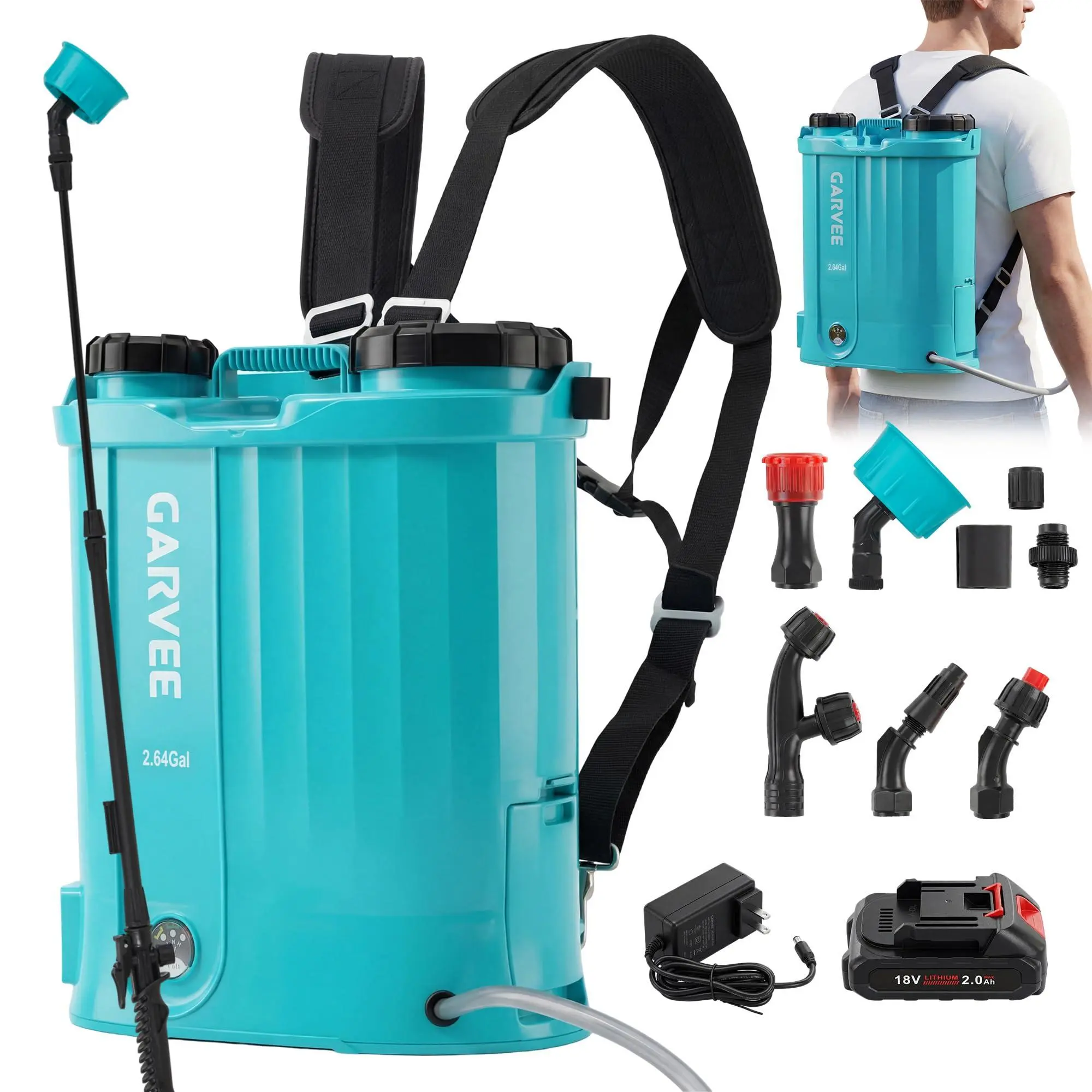 GARVEE 2.64 Gallon Battery Powered Backpack Sprayer, 0-65 PSI Adjustable Pressure, Electric Sprayer with 5 Nozzles and 1 Wands, 18V 2Ah Battery, Wide Mouth Lid for Weeding, Spraying
