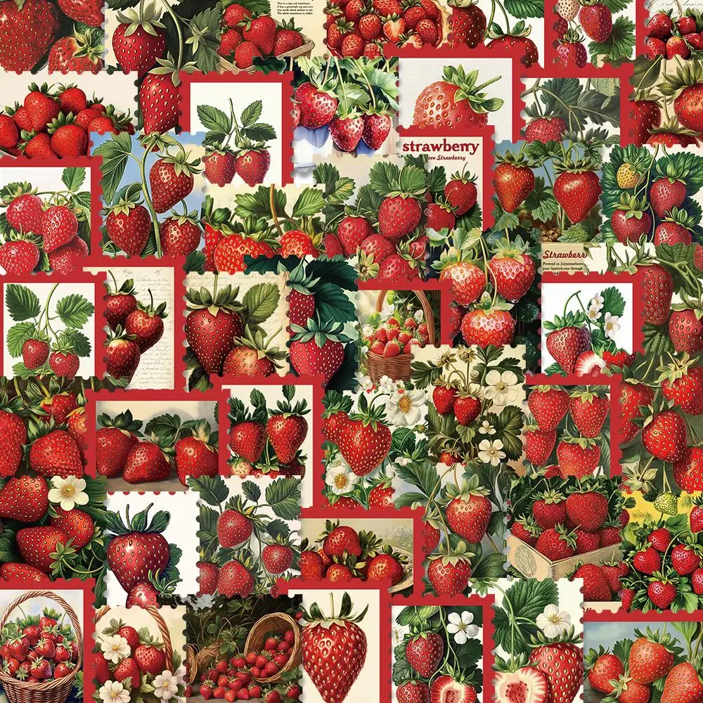 Strawberry Pattern Stamp Sticker, 50pcs/set Vintage Strawberry Stamp Sticker, DIY Decorative Aesthetic Stickers for Phone Case, Computer, Guitar, Bag, Water Cup, Scrapbook
