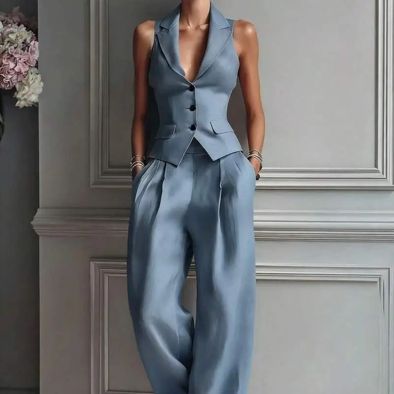 Women's Suit Set - Tailored Blazer Vest & High-Waisted Wide Leg Pants, 2-Piece Elegant Outfit