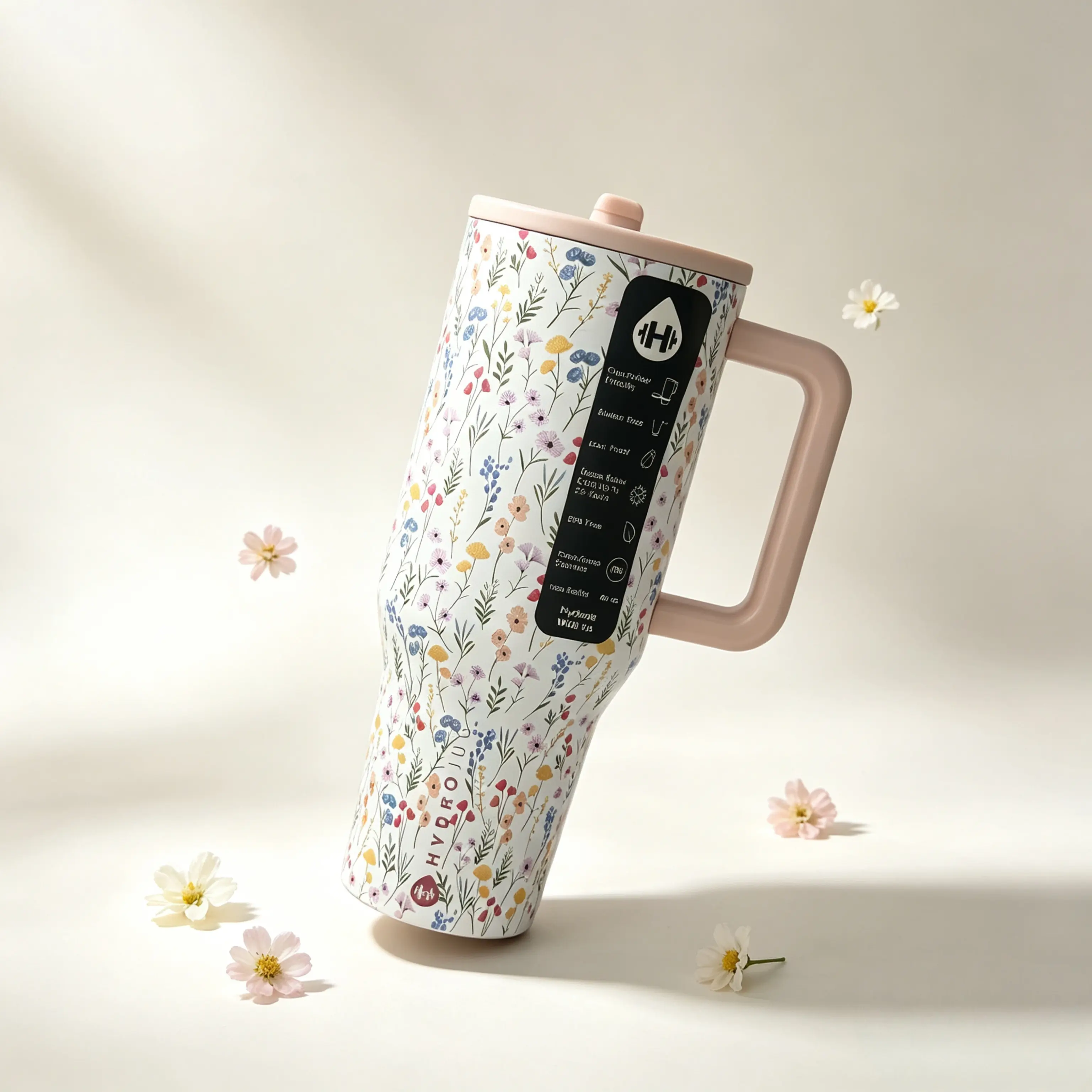 HydroJug 40oz Wildflower Printed Insulated Stainless Steel Vacuum Flask Tumbler - Leak-Proof Handle and Straw Cap, Cup Holder Friendly, Keeps Drinks Cold for 24hrs, Heat Resistant, On-the-Go Women's Floral Drinkware, Father's Day Gift