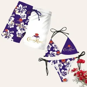 [HOT 2026] Matching Crown Royal Floral Swimsuits for Couples – Swim Bra & Tie Side Thong Bikini + Men's Beach Shorts, Summer Vacation Swimsuit, Hawaiian Shirt Style, Aloha Beach Outfit, Casual Holiday Bathi