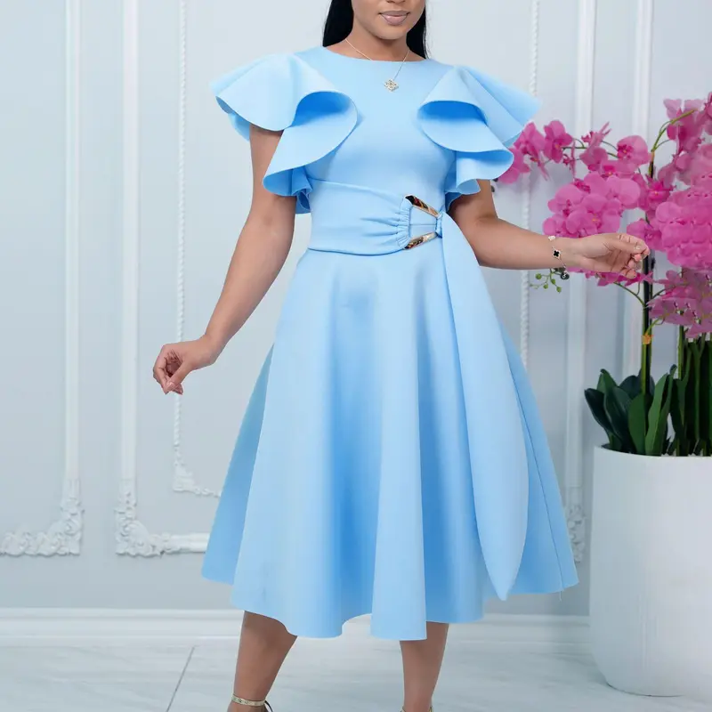 powder blue dress casual Powder-Blue Short Halter Casual Dress with Buttons Powder Blue Print / XLarge