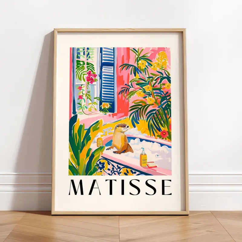 Otter in bathtub art print, Henri Matisse wall art, Pink tropical bathroom decor, Animal art