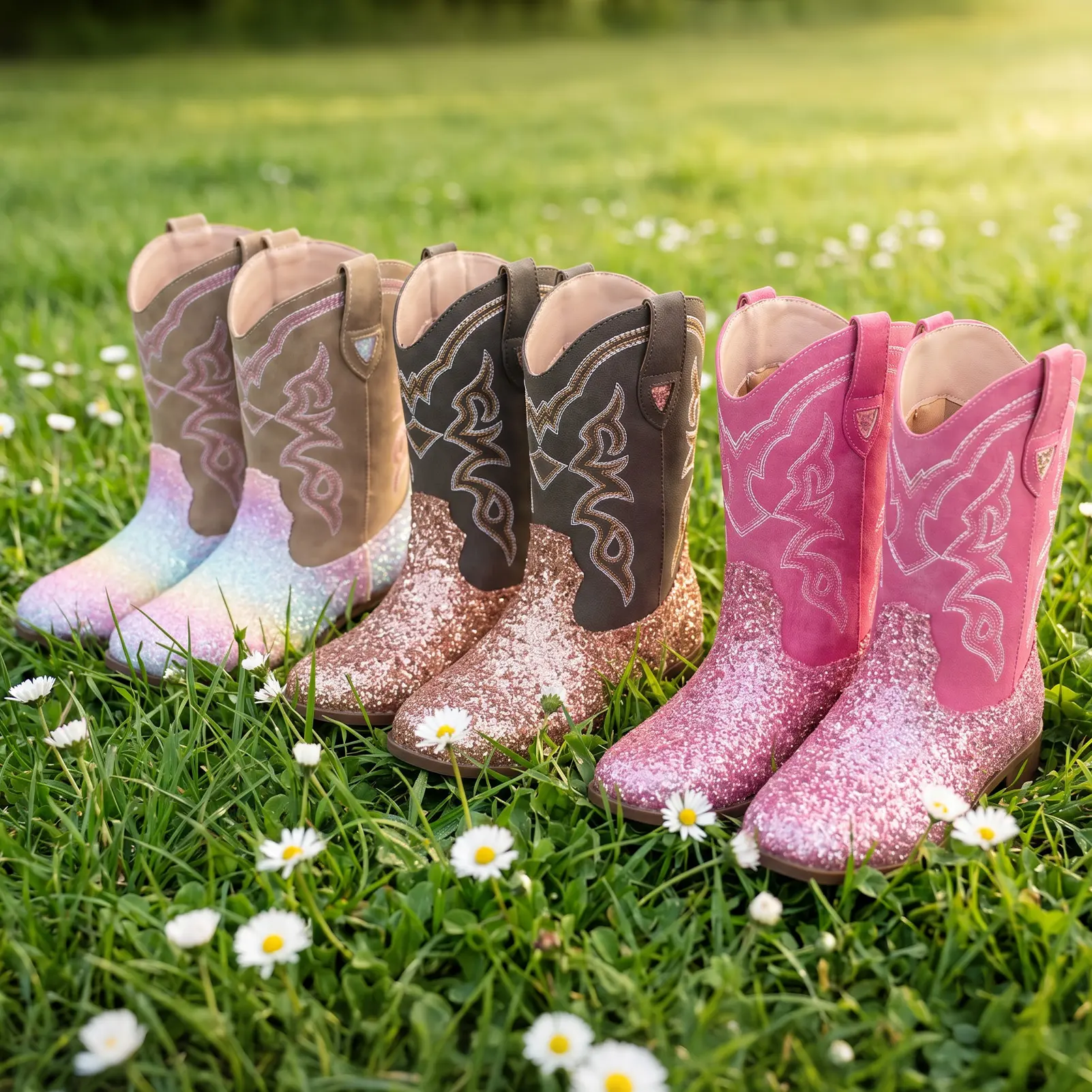 【New Colors】Pasuvo Adorable Toddler Girls and Boys’ Sparkle Glitter Cowboy Boots PU boots – Western Style Mid-Calf Riding Shoes for Little and Big Kids, Perfect for Every Cowgirl Pink, Black, Gold, Brown