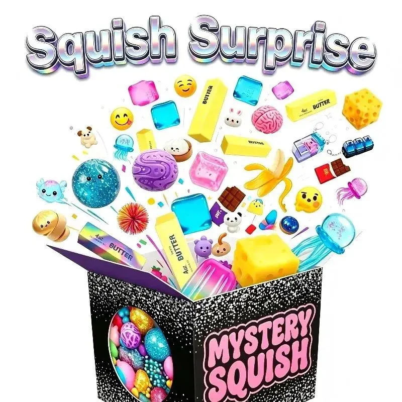 ##100+ Random Styles Squishy Surprise Blind Box, Kawaii Stress Relief Squeeze Fidget Toys, Assorted Novelty Sensory Desk Gift