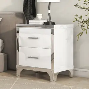 Elegant High Gloss Nightstand Bedside Table End Table with Metal Handle,Mirrored Bedside Table with 2 Drawers for Bedroom,Living Room