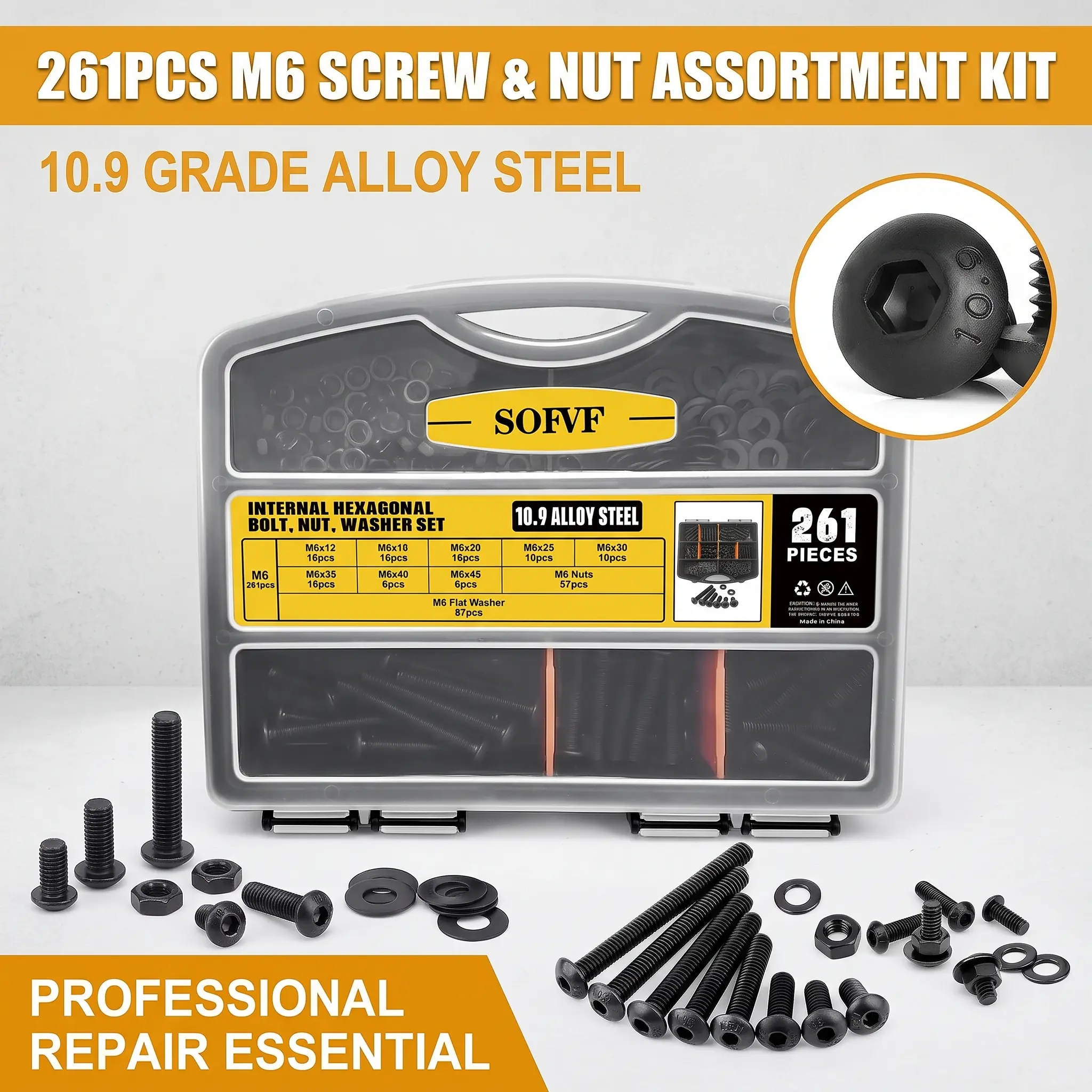 261Pcs M6 Button Head Hex Socket Screws Assortment Kit, 10.9 Grade Alloy Steel Metric Bolts Nuts Washers Set with Wrench for Auto, Motorcycle, Furniture DIY Repair