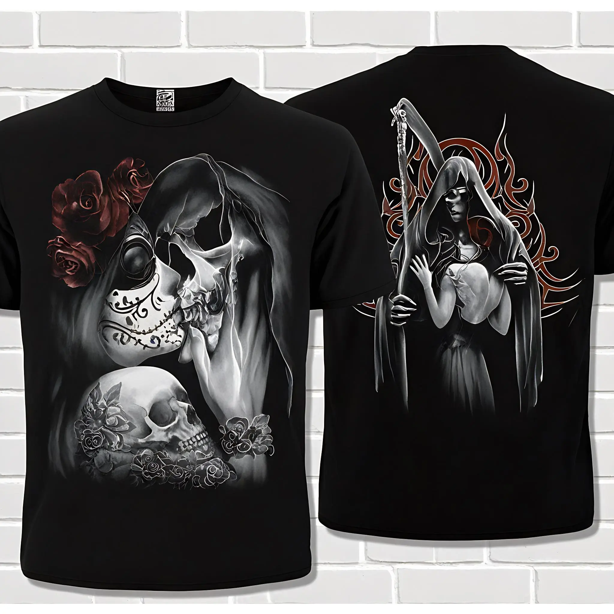 Men's Gothic Graphic T-Shirt, Grim Reaper Skull Print, Soft 100% Cotton Basic Casual Crew Neck Top, Natural, Tops, Seamless, Shortsleeve