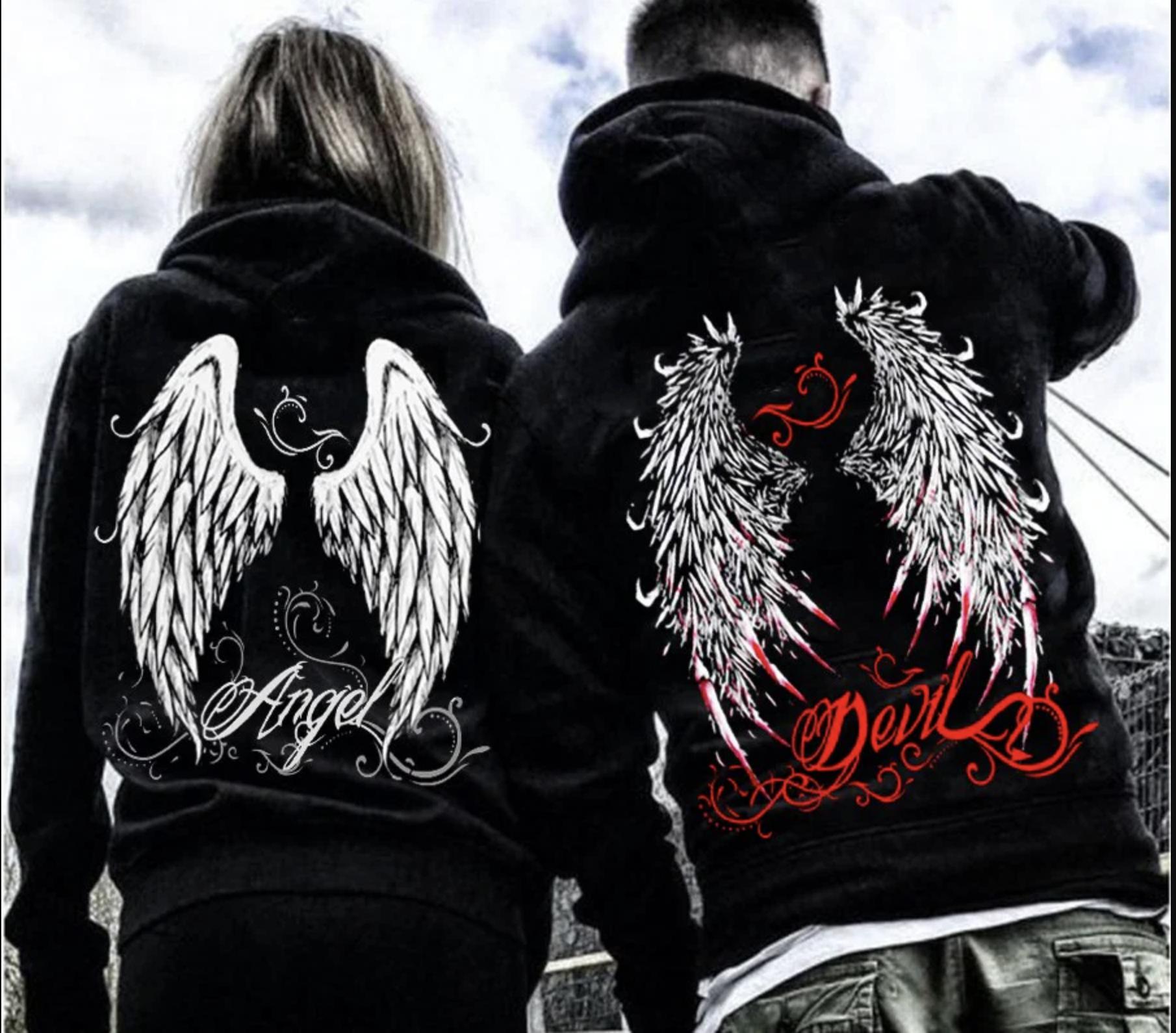 Angel and Devil Couple Matching Hoodie | Funny Valentines Day Graphic Tee | Cute Anniversary RelatiOnship Husband Wife Apparel | Unisex Gift Top