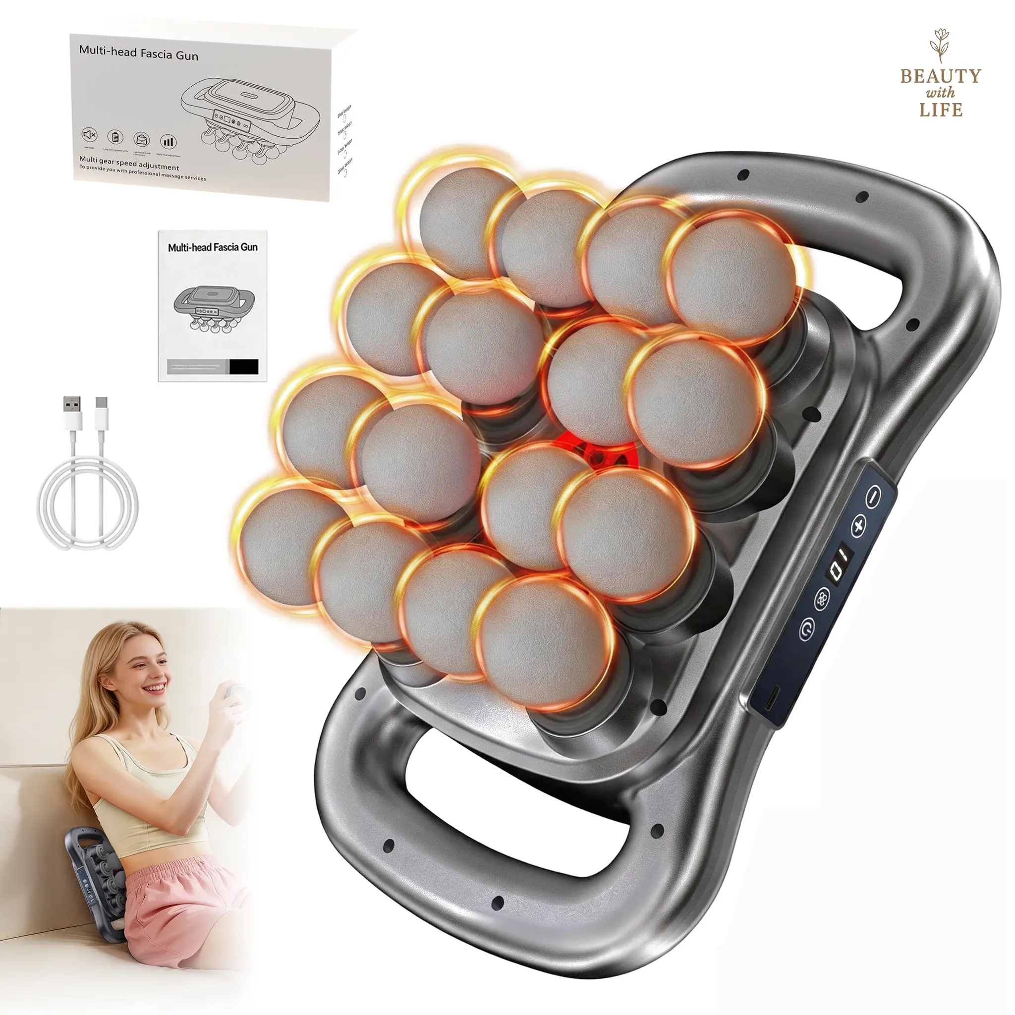 16-Head Massage Gun Set, Quiet Deep Tissue Percussion Massager with 9 Modes, 9 Intensity Levels, Red Light Therapy, Auto-Shutoff, Silent Mode, Durable Pain Relief Device for Back, Shoulders, Family Must-Have Gift,Perfect Gift for Men & Women, Abs Plastic,