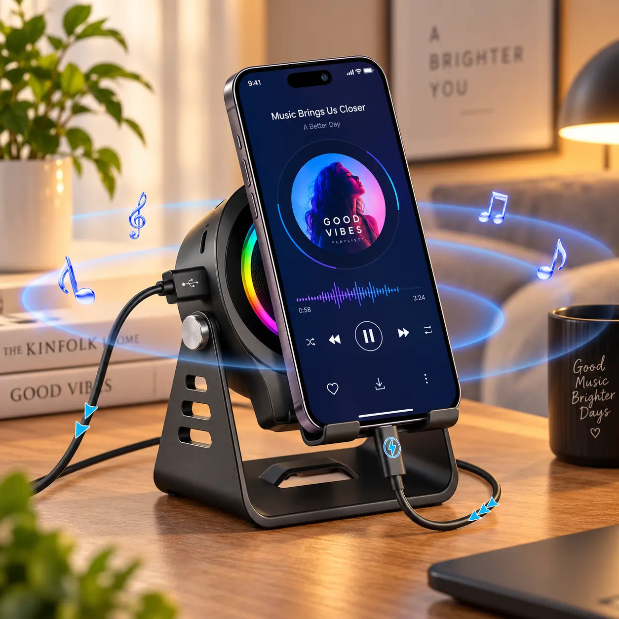 ULMIED 7-in-1 Wireless Induction Audio Speaker Stand - Bluetooth Speakers, 1500mAh Emergency Power Bank, Adjustable Smartphone & Tablet Holder, LED Lights Cool Gadgets Gifts for Men