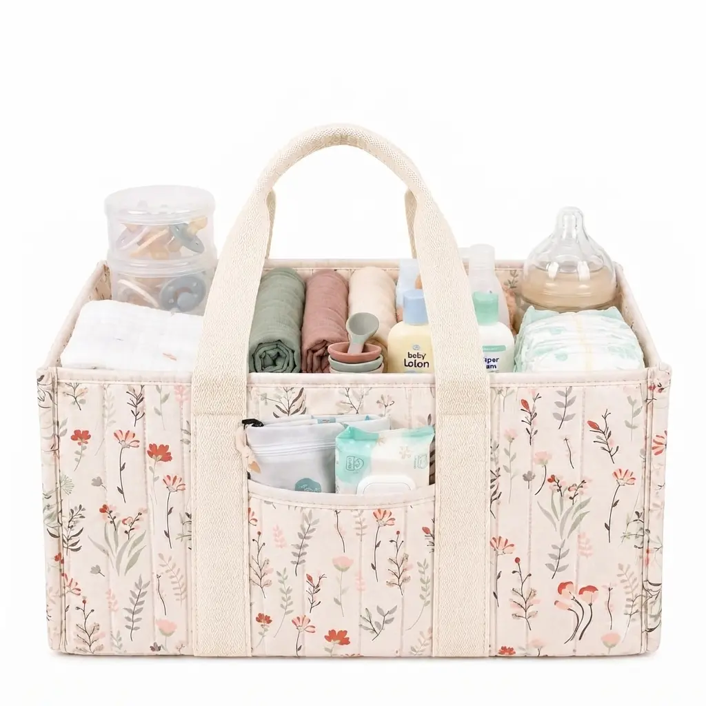Compartmentalized Large-Capacity Mommy Diaper Caddy Organizer with Long Handles, Nature-Inspired Quilted Fabric Snail Motifs, Decorative Nursery Storage Basket, Ideal New Mom Gift, Durable Baby Travel Gear for Daily Essentials, Basket Shape