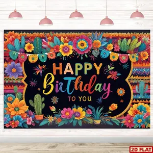 2D Flat Banner, 1pc Mexican Fiesta Themed Happy Birthday Backdrop - Cinco De Mayo Party Decorations, Party Decoration Supplies, Polyester Banner for Carnival, Photo Booth Background, Party Decorations Banners