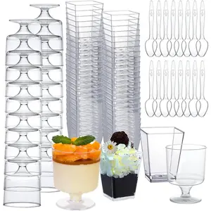 300 Packs Dessert Cups with Spoons, 5 OZ Mini Clear Plastic Dessert Parfait Cup for Party, Square Dessert Shot Glasse Round Goblet Small Reusable Fruit Ice Cream Pudding Appetizer Cup Bowls