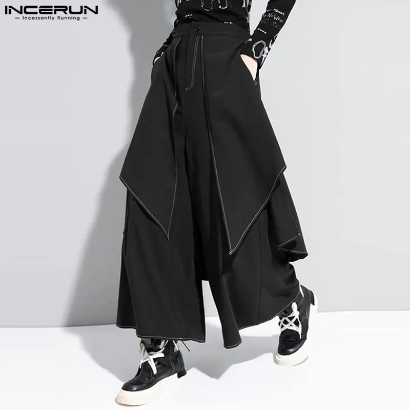 INCERUN Men's Deconstructed Skirt-Pants, Cyberpunk Geometric Layered Trousers with White Stitching, Wide-Leg Alt Streetwear Cosplay Costumes, Garment, Mensfashion, Woven Fabric, Cybergoth Men's Pants