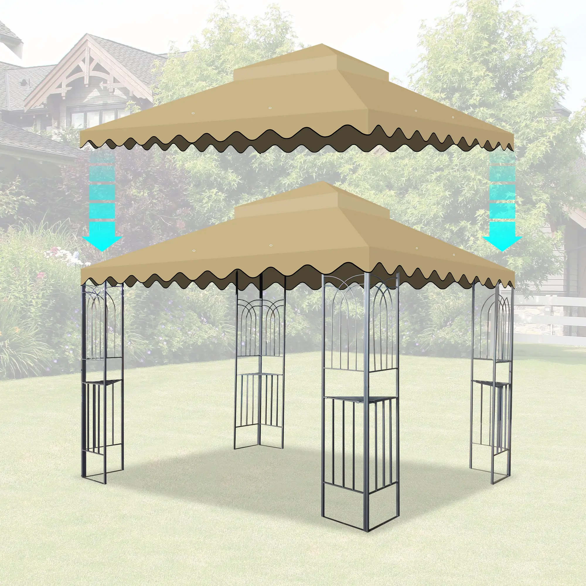 SAVEYOUR  10x10 Ft Outdoor Patio Gazebo Replacement Canopy, Double Tiered Wavy Border Gazebo Roof Top Cover Only, Tan Weatherproof Gazebo Canopy Replacement, Frame Not Included for Garden Backyard Poolside