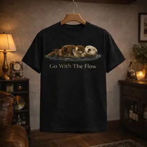 Premium 100% Cotton Graphic T-Shirt Go With The Flow Otter Shirt, Cute Animal Tee for Women Men, Soft Lightweight Breathable Crew Neck Casual Shirt, Funny Relaxed Outfit for Summer Beach Vacation Travel Daily Wear
