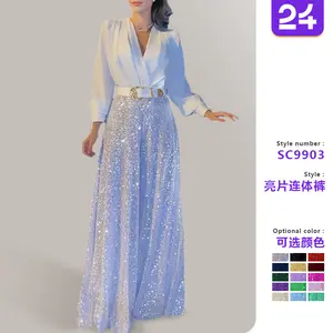 2025 Cross-border Women's Clothing New Style in Europe and America Fashion V-neck Temperament Elegant Waist Slimming Sequined Wide-leg Long-sleeved Shirt