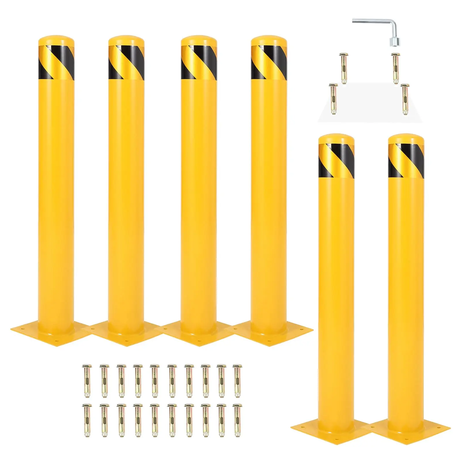GARVEE Durable Steel Safety Bollard Posts - Yellow, 4.5-in Diameter, 36-in/42-in/48-in Heights, 4/8/16/24 Anchor Bolt Sets for Parking Lot, Sidewalk Traffic Control & Pedestrian Protection, Vehicle Impact