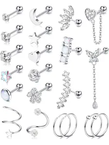 21Pcs 16G Cartilage Earring Stud for Women Stainless Steel 20G Cartilage Hoop Earring Set Heart Flower Chain Dangle CZ Curved Tragus Conch Helix Piercing Jewelry Body Jewellery