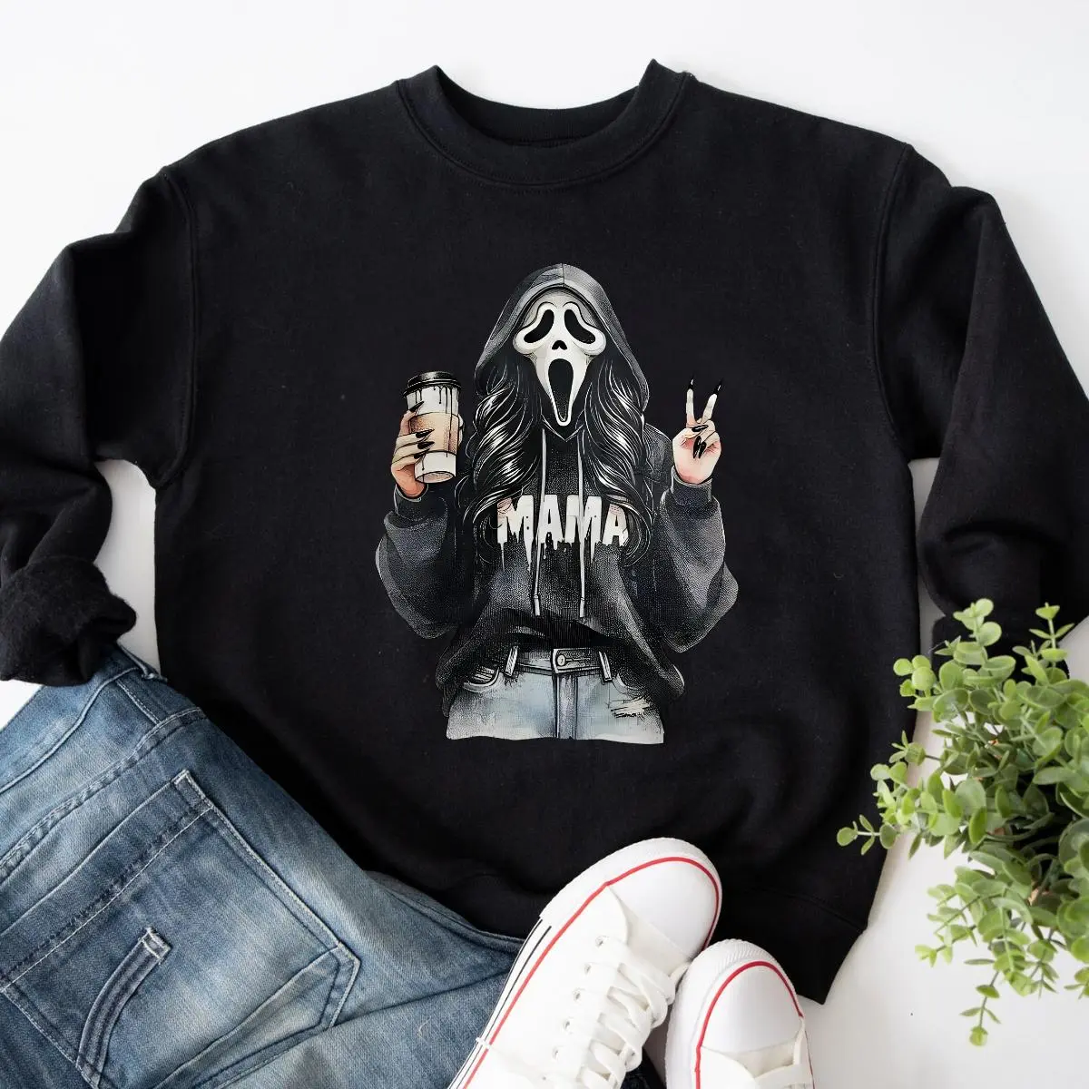 Women's Round Neck Digital Print Ghostface Humor Crewneck Tee Top - Smooth Solid Cotton Fabric, Funny Ghostface Girl with Coffee & Peace Sign, Horror Movie Inspired, Spooky Fall Casual Everyday Wear