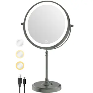 LANSI 9" Lighted Makeup Mirror with Lights and Magnification 1X/10X Double Sided 5000mAh Rechargeable Vanity Mirror with 3 Dimmable Color Light Gunmetal Gray
