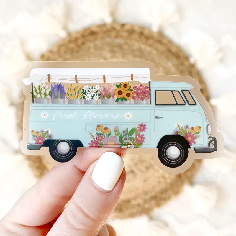 Elyse Breanne Design Floral Flower Truck Waterproof Vinyl Sticker - 3.25x1.75in Car Window Decal, Automobile/Side/Truck Decals, Office Stationery Decor, Wholesale Option, Car Window Decals, Automobile Decals