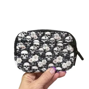 Wristlet Wallet Credit Card RFID- White Skulls Halloween Graphic Zipper Purse Minimalist Purse Waterproof Nylon Detachable Carabiner